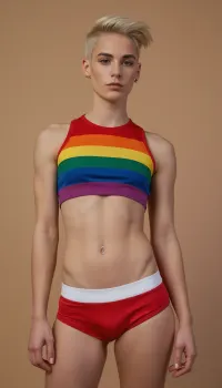 queer non-binary tomboy masculine androgynous human, skinny athletic, very short shaved blonde hair with undercut, piercings, ((full-body view)), high quality details, sexy outfit but fully clothed, veins, masculine jaw, white plain background, small flat boobs, gay pride rainbow colors, cock-shaped bulge in panties