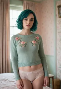 a dark blue-green hair woman, standing in a softly lit, vintage-style bedroom. Her skin is fair, and she gazes over her shoulder with a slightly pensive expression. She wears a cream-colored, long-sleeved, cable-knit sweater that accentuates her slender frame and a pair of lacy, pastel-patterned panties with pink and white stripes featuring delicate floral accents. The room's decor is cozy and feminine, with pastel-colored wallpaper featuring a floral pattern and a large window behind her, allowing natural light to flood the space, creating a soft, ethereal glow.