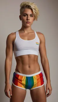 queer non-binary tomboy masculine androgynous girl, skinny athletic, very short shaved blonde hair with undercut, piercings, ((full-body view)), high quality details, sexy outfit but fully clothed, boxer shorts, veins, masculine jaw, white plain background, small flat boobs, gay pride rainbow colors, cock-shaped bulge in panties, LGBTQ accesories