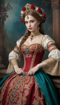 A full-length portrait of a stunning Russian beauty adorned in an intricately designed national costume. The costume features a high-raised hem, revealing her bare breasts in a tasteful and artistic manner. The fabric is richly decorated with bright, saturated lace filigree in traditional Russian patterns, including floral and geometric ornaments in gold and crimson hues.
Artistic Style, Technique, Highly detailed watercolor combined with a glaze technique, enhanced with colored alcohol ink for depth and luminosity.
Inspiration, Inspired by Viktor Vasnetsov’s iconic style, blending folklore elements with a fairy-tale atmosphere.
Color Palette, Rich and saturated colors, with a focus on deep reds, golds, blues, and emerald greens, evoking traditional Russian aesthetics.

Details, Texture, The fabric of the costume should have a tactile, almost three-dimensional quality, with intricate embroidery and lacework.
Lighting, Soft, diffused lighting that highlights the textures of the lace and fabric, casting gentle shadows to emphasize the contours of her figure and the costume.
Background, A subtle, dreamy landscape or ornate interior inspired by Russian folklore, adding depth without distracting from the main subject.
Expression, The woman’s expression should be serene and dignified, with a hint of mystery, reflecting the timeless beauty of Russian folklore heroines.

Composition, Pose, Elegant and graceful, with a slight contrapposto to emphasize the flow of the costume and the natural curves of her body.
Focus, Crisp, highly detailed focus on the costume and her features, with a soft blur in the background to maintain depth and draw attention to the subject.

Mood, Atmosphere, Ethereal and enchanting, evoking the magic and grandeur of Russian fairy tales and legends.
Emotion, A sense of pride and timeless beauty, capturing the essence of Russian cultural heritage.