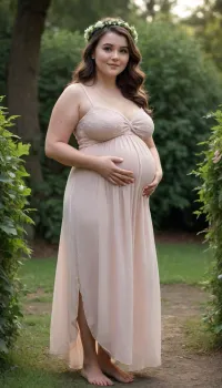 A captivating brunette just 18-year-old 3-feet-height dwarf slightly chubby well-built pregnant woman, wreath-like hairstyle, slightly smiling, desirable big breasts and thighs, fully transparent colorless dress on bare body, barefoot