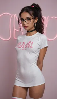 Standing, ((close-up view)), score_9, score_8_up, score_7_up, Beautiful sexy 18 year old, Indian girl, Hawaiian, filipino, vietnamese, close-up of face, looking at viewer, tight tshirt, pink neon lights, makeup, (erect nipples), (ponytail hair), bracelets, very tan skin, brown eyes, innocent face, skin imperfections, thigh high socks, ultra high detail, black choker, (oversized thick frame nerdy glasses), soft facial features, wearing lip gloss, (((very tiny petite))), short, thick luscious lips, perfectly arched eyebrows, super beautiful and innocent face, dark, skin, stretching of the pharynx, eyes wide in happiness, (((hands behind your back))), (narrow waist), <lora:Darker_skin_SDXL:.8>