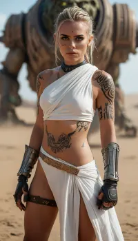Star Wars Style, heroic full body action image of a 28 years old female dignified solo Jedi Warrior, fighting in huge spaceport on desert planet against a huge alien-Orc, (crazy Alien-Orc:1.7), (the Jedi toga, which was unintentionally opened wide during the fight, allows a view of her trained body:1.6), highly detailed opened Jedi costume, (beige fishnet stockings:1.2), (cape:1), slender, slim waist, perfect face, long blonde matted dreadlocks, flat breasted, sweating skin, dirt, perfect tanned skin, lucky charm necklace, (perfect lightsaber:1.5), perfect hands, belt, highly detailed face, (small waist:1), (tiny erect nipples:1.3), (bubble butt:1.2), (thick thighs:1.3), (long legs:1.3), (multicolour hair:1.2), (beads in hair:1.3), (nude:1.2), (full body view:1.2), (all over tribal tattoo:1.7), (full thigh tribal tattoo:1.3), (piercing:1.2), (perfect eyes:1.4), 8k, grassy plains, desert, floating warm sunlight, Background, (millennium falcon), R2-D2, shipyard, many droids Background, many droids, intricate detail, highly detailed, breathtaking, panoramic, cinematic, (3D, Framed, Woman), Macabre, FRESHIDEAS, Real, Photography, 2#, cloudy, smoke, atmospheric, clouds, fog, <lora:MJ52:1.4>, <lora:FRESHIDEAS Real Photography 2#:.4>, <lora:Cloudy_Style:.8>