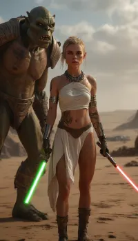 Star Wars Style, heroic full body action image of a 28 years old female dignified solo Jedi Warrior, fighting in huge spaceport on desert planet against a huge alien-Orc, (crazy Alien-Orc:1.7), (the Jedi toga, which was unintentionally opened wide during the fight, allows a view of her trained body:1.6), highly detailed opened Jedi costume, (beige fishnet stockings:1.2), (cape:1), slender, slim waist, perfect face, long blonde matted dreadlocks, flat breasted, sweating skin, dirt, perfect tanned skin, lucky charm necklace, (perfect lightsaber:1.5), perfect hands, belt, highly detailed face, (small waist:1), (tiny erect nipples:1.3), (bubble butt:1.2), (thick thighs:1.3), (long legs:1.3), (multicolour hair:1.2), (beads in hair:1.3), (nude:1.2), (full body view:1.2), (all over tribal tattoo:1.7), (full thigh tribal tattoo:1.3), (piercing:1.2), (perfect eyes:1.4), 8k, grassy plains, desert, floating warm sunlight, Background, (millennium falcon), R2-D2, shipyard, many droids Background, many droids, intricate detail, highly detailed, breathtaking, panoramic, cinematic, (3D, Framed, Woman), Macabre, FRESHIDEAS, Real, Photography, 2#, cloudy, smoke, atmospheric, clouds, fog, <lora:MJ52:1.4>, <lora:FRESHIDEAS Real Photography 2#:.4>, <lora:Cloudy_Style:.8>