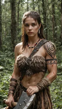 female barbarian, Dungeons and Dragons style, standing in a dense forest clearing after battle, wearing fur and leather armor adorned with bone and beads, muscular and scarred, holding a massive greataxe resting on her shoulder, tribal tattoos on arms, blood and dirt on her skin, wind blowing through her hair, cinematic natural lighting, photorealistic textures, ultra-detailed, 8k, RAW photo, realistic fantasy portrait, earthy tones, atmosphere of raw strength and pride