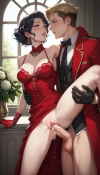 Tuileries Garden in Paris, a man and a woman, in the background the most famous monument of the Tuileries Garden, romance and passion, a muscular shirtless man having sex with a woman wearing a wig, with her dress lifted, standing with her legs apart, leaning on the curb of the park area, a woman in a red dress and red lace gloves, arching her back, standing with her back to the man with his penis entering her rear, festive wig, half-open lips, legs spread apart, having sex with a man, natural lighting with soft shadows, studio background with monuments, close-up of the whole body, (clear details), perfect lighting, high resolution, perfect anatomy, studio lighting