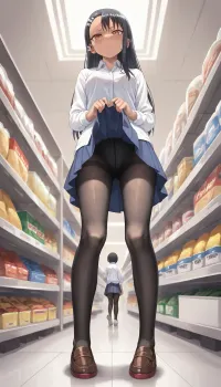 Nagatoro, Hayase Nagatoro, Surrender by man, view from below, from below, 1girl, solo, collared white shirt, buttoned jacket, pleated skirt, skirt lift, lifted by self, annoyed, black pantyhose, full body, in supermarket, <lora:skirt lift XL V2:.5>