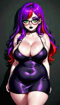 sexy goth woman, 18 years old, long hair and bangs, purple hair with red highlights, freckles, glasses, green eyes, British, eyeliner, mascara, purple eyeshadow, black lipstick, chubby, large breasts, black dress