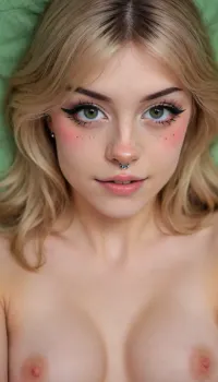 score_9, score_8_up, masterpiece, best quality, detailed_eyes, high_quality, best_quality, highres, absurdres, 8k, hyper detailed, cinematic composition, very aesthetic, newest, depth of field, realistic, from above picture of, (hannahowo:1.3), (slim_fit slender skinny_petite body), looking at viewer with shy tempting smile, sultry horny face expression, nose piercing, (((laying))), hannahowoxl, long blonde bang, blonde hair, green eyes, hannahowo, thepose, <lora:HannahXL:.8>, <lora:hannahowo-2e:.8>, <lora:ThePose:1>