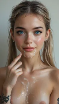 (Realism, photorealism, ultra realistic, 8k, UHD, high quality, cinematic), 18 yo girl, blonde hair, pigtails haircut, small tits, small body, (realistic girl), nude body, smile, big finger up, hand pose big finger up, like, cumshot scene, facial, all face covered white cum, excessive cum on face, excessive cum on hair, cum on, prominent cum, a lot off cum, realistic cum, cum flows, dripping cum, massive cum on face, bukkake, anime beauty girl, portrait of a girl, (((charcoal sketch))), (((charcoal drawing))), (((very petite girl))), (((turns to viewer))), (((oiled skin))), ((light blue eyes)), (((skinny))), (((18 years old tattoo))), (very girl:1), (makeup:1.3), beautiful, gorgeous, stunning, ((tattoo on cheek)), (((naked))), SDXL_BetterFaces-LoRA_v1, .5>, (music_), <lora:Oxygen girl_SDXL1.0:1>, <lora:MJ52:.7>, <lora:BUT_SDXL_SHS:.1>, <lora:Style_eyes _and_hair_XL-v2:.8>