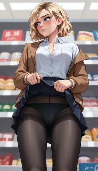 Gwen Stacy, Surrender by man, view from below, from below, 1girl, solo, collared white shirt, buttoned jacket, pleated skirt, skirt lift, lifted by self, embarrassed, look away, black pantyhose, in supermarket, <lora:skirt lift XL V2:.5>