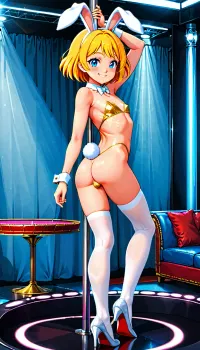 1 sexy slender american femboy, short blonde hair, blue eyes, cute, nude, flat chest, dick, testicles, full body, white bunny ears, white wristcuffs, white bowtie, white stockings, silver highheels, lewd smile, luxurious strip club, stage, table dance, pole dancing, pole, rear view