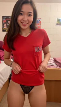 Expert selfie taken by a young Chinese sorority girl. She has long dark hair and a slender build.

She is wearing big and loose red t-shirt with a front pocket and greek letters on it. She pulls up the bottom of the shirt to flash her black lacy thong, smiling as she does it.

The photo shows her face and full body.

This is in a well-lit dorm room with carpeted floor, white painted cinderblock walls, a wooden bed with pink bedding, and some posters on the wall.

She is taking it to initiate sexting with a guy she wants to hook up with, so the vibe is sexy, flirty and fun.