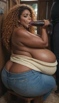 orgasmic seductive African SSBBW Woman in a booth, (absolutely black skin), (slutty fat round face), snub nose, (very massive very droopy breasts), (very huge ass:1.4), huge oversized belly, (long boob, very overflowing cleavage:1.4), looking at viewer, facial, cum on tits, (Handjob, Blowjob), fat men around, (filled lips:1.2), (fully clothed), (no nudity), jeans, tube bandeau sweater, very high plateau boots, cumshot, portrait, close up, (strong pin-up makeup, lipstick, eyeliner, contouring, mascara, full strip eyelashes), (long yellow colored nails), (very long curly ginger hair)