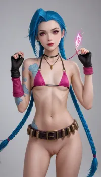 (league of legends), pink eyes, blue hair, Orgasmus in the Club Toilette, naked pervert, NSFW, wett pussy, Porno, sexy, Hot, horny, Perfect Pussy, original body, twintails, blue, hair, pink, eyes, masterpiece, realistic, jinx, (league, of, legends\), 1girl, solo, twin, braids, single, Micro Bikini, only, necklace, belt, fingerless, gloves, Micro string, <lora:MIAOKA_JINX_1.0_SDXL:.4>, <lora:Jinx_LOL_AnimeRealistic_SDXL_V1.0:.5>, <lora:jinx:1.4>