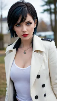 masterpiece, best quality, 1girl, solo, mm, short hair, black hair, blue eyes, lipstick, hoop earrings, arm tattoo, anime coloring, anime screenshot, spiked collar, white coat, epaulettes, coat on shoulders, cleavage, black shirt, midriff, upper body, mouth hold, outdoors, looking at viewer