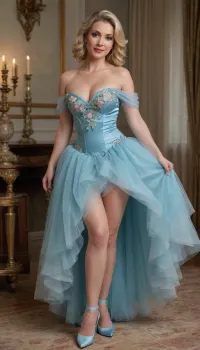 woman standing, Full body view, Masterpiece, best quality, ultra HD, hyper-realistic, high res, ultra realistic 8k cg, explicit, Fully clothed, trashy blonde 45yo milf, wearing duck shell blue tulle maxi dress, long sleeved A-line evening dress with a satin bustier style bodice, satin petticoat, bustier is covered with tulle fabric to create an off the shoulder look and finished with floral details, wearing stockings, heels, indoor scenery, posing to seduce her partner, woman smirking