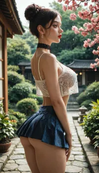 score_9, score_8_up, score_7_up, 20s, Japanese, messy bun, standing, large eyes, skinny, (small ass), narrow thighs, skinny thighs, ((narrow hips)), enormous fake breasts, Japanese garden, ((very short skirt)), lacy crop top, choker, red lips, (perfect face), side view, ((underbun)), ass cheek, <lora:BodyLicious:1.2>