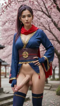 (masterpiece:1.5), (pin-up pose:1.4), (highest quality, best quality), 1girl, solo, Asian, Psylocke, purple hair, ponytail, blue eyes, red scarf, sarashi, japanese clothes, thighhighs, gloves, hand on hip, face focus, armor, pale skin, arched eyebrows, small nose, upturned nose, full lips, flirty expression, slender body, toned body, supple body, slender waist, Japanese background, (Cherry Blossoms:1.4), Lanterns, futanari, mastrubation, erect penis, hard penis, sagging testicles, veiny cock, leaking precum, throbbing cock, <lora:add-detail-xl:.8>, <lora:EnvyBetterHiresFixXL01:.8>