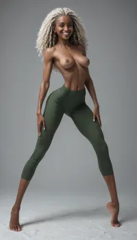 cute face, (((((very tall girl))))), standing in the snow on Antarctica, snow everywhere, skinny body, (((very skinny legs, (long legs)))), ((dreads hair, (white hair))), (((black african girl))), blue eyes, long puffy erect nipples, tiny puffy areolas, (((sagging medium breasts))), (exposed breasts), (((extreme pleasure, eyes open wide, big smile))), (((she wears bright tight green gym pants))), (((full body view, view from head till toe, view slightly from the side))), (((((very muscular shoulders))))), broad hips, ((((dynamic pose)))), ((((attenuated waist)))), (((long legs))), ((attenuated waist and thighs, extremely pale skin, sucked in belly, extremely lean body))