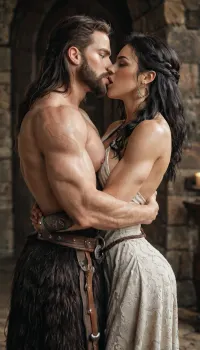 strong and tall viking woman, wearing light and sexy viking outfit, huge boobs, 1 boob revealed, beautiful and fierce, hug and kiss strong and tall viking man, black hair, black beard, wearing fearful viking outfit, athletic and muscular, strong and fierce, full body picture, <lora:epiCRealismXL-KiSSEnhancer_Lora:.8>
