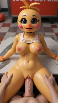 very detailed image, 4k image, (very detailed workshop), Toy Chica, Toy Chica from five nights at Freddy's 2, (Five nights at Freddy's game series), ((Animatronic)), ((Sexy animatronic)), (Toy Chica animatronic appearance), (Toy Chica face), (toy Chica animatronic body), (Toy Chica animatronic eyes), 18 years old, Beautiful athletic body, fit body, big thighs, big ass, big boobs, (toy Chica's Bib), nude from the bottom, Looking at viewer, (A background consist of Five nights at Freddy's 2 Pizzeria), ((Very detailed and accurate Pizzerria from Five nights at Freddy's 2)), Male viewer, (completely nude male viewer), Male viewer is standing, Penis, big penis, big balls, (erected penis), Toy Chica is laying on the table, (Vaginal sex), (Missionary position), Viewer is grabbing her by her legs, (Viewer POV)