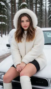 girl, 25yo fit baltic girl, in winter, in wood, snow, all white in snow, white jumper under fur coat, pines on background, sitting on cars bonnet, on legs warm white winter boots, black skirt, white fluffy fur coat, smirk, black long haired girl, white winter glowes on hands, white car, Pinwood, birch, spruce, Norway Spruce, snowing, classiccars, car, headlight, supermodel, face, big, lips, BadX, <lora:ClassicCars-XD:1>, <lora:car_headlight:1>, <lora:Beautify-Supermodel-SDXL:1.1>