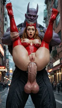 8k, score_9, score_8_up, score_7_up, FILM PHOTOGRAPHY STYLE, cinematic photography of a woman, professional portrait photo realism, scarlet witch, ripped leotard costume, red thigh high heeled boots, long ginger hair, exposed breasts, full nelson, anal sex, ahegao, running makeup, legs held back, cum in ass, thanos, extreme massive penis, hyper thick penis, super veiny penis, penis × scale, massive swollen hanging swinging balls, balls × scale, extreme amounts of cum, new york rooftop, night, devil hs art style, big Breasts, full body view, <lora:detailed_notrigger:2>, <lora:add-detail-xl:.8>, <lora:LCMTurboMix_Euler_A_fix:.8>, <lora:style_lora_realis:.8>