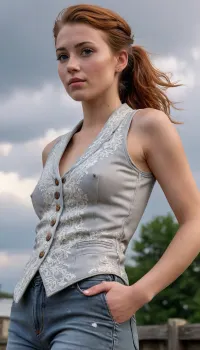 A beautiful English woman, fully clothed, gentle sunset light bounces off the side of her face. Dramatic clouds. She wears a sleeveless embroidered waistcoat, rustic grey hipsters jeans, beltless. Belly is visible. Old English watermill. Proud farmer. Slim build, auburn hair tied into a tight ponytail. Freckles, sun-kissed skin, skin texture visible. Tan lines. Extra wide hip. Very narrow waist. Sweaty, glistening skin. Hollywood A-Lister looks. Viewed from below, standing sideways, she has direct eye contact with the camera. Looking lovingly at the person behind the camera. braless, Wearing, clothes, that, make, sense, with, Braless>, ashlynn_spektre_xl, cloudy, smoke, atmospheric, clouds, fog, <lora:bralessSDXL_v1_00022:1.3>, <lora:detailed_notrigger:1.6>, <lora:()Ashlynn Spektre XL:1.2>, <lora:Cloudy_Style:1.8>, <lora:Detailed_female_hands-000001:2>