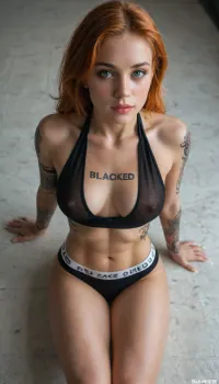 ((((a girl sits with her legs folded under her on her knees), she is skinny with voluptuous perky breasts))), ((erect nipples), muscular shoulders), she wears a sheer blue halter top, (((she has bright orange hair, green eyes))), seen from above, ((text tattooed on her chest BLACKED))