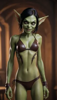 A green female goblin, green skin, long pointy ears, sharp teeth, black hair. Wearing a brown leather bikini.