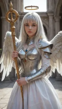 medium, A girl wielding a Golden scepter, outside a white marble palace in heaven. BREAK., (She is a Extremely beautiful 19 y.o. caucasian girl Kalade. She has sweet angel face, ((shiny long white hair with, (hair bangs))), very thin eyebrows, golden eyes, medium breasts, big angel wings), . She is wearing a silver plate armor with white clothes, holy halo. extremely perfect face, detailed eyes, stunning beauty, photorealistic, HD, 4k, masterpiece, expressive eyes, illuminated eyes. Challenge face.
