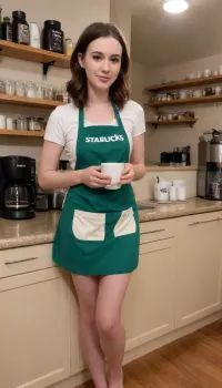 The image is a photograph of a young woman standing in a coffee shop. She has fair skin, brown eyes, and shoulder-length brown hair with a slight wave. She is wearing a green apron with the Starbucks logo on the chest, over a beige, short-sleeved t-shirt. The apron is tied at the back and she is holding up the hem of the apron with her right hand, exposing her clean-shaven pubic area. She has a slender build with a modest bust. Her expression is neutral, with a slight, closed-mouth smile.

In the background, the coffee shop has beige tiled walls and wooden shelves. The shelves are stocked with various coffee-related items, including jars of coffee beans, syrups, and creamers. There are also a few coffee machines and cups visible. The counter in front of her is made of light-colored granite. The lighting is bright and even, suggesting a well-lit environment. The overall style of the photograph is realistic, with a focus on the subject's exposed lower body while maintaining a casual and everyday setting. The image has a clear, sharp focus with natural colors and no evident digital manipulation.