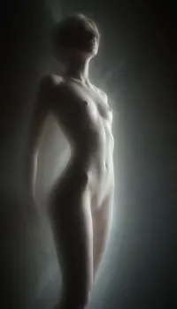 A vast, abandoned baroque palace with towering cracked columns. Peeling frescoes and soot-stained ceilings loom overhead. a lone figure emerging from the shadows, (((18yo, standing in the air, pale skin, white painted skin, unnatural white skin, unnatural black eyes, black lips))), (((extremely long black hair, slender body, full nude, extremely short body, extremely small hips, small butt, extremely flat chest, fully nude))), . High-contrast chiaroscuro—cold moonlight slashes through broken stained glass, casting sharp shadows that amplify her ethereal presence. Dust motes swirl in the beams., Slight Dutch angle, full-body portrait as she vanishes into deeper shadows., mentixis, metix, ais-ghostly, misty, ghost, floating, <lora:mentixis:2>, <lora:Ghostly_Style_SDXL:2>, <lora:PAseer-SDXL-MistyGhost:2>