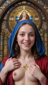 ((The style of the painting is a Christian icon.)), Photographic quality. 8K, (((A pseudo-Christian church, an altar, stained glass windows))), . photographic quality. Details., (. Virgo smiles radiantly., ((((The icon's accent on the Virgin's pussy and happy face, 1.8)))), юview slightly from below)