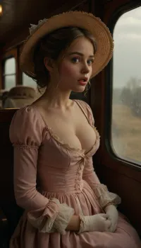 Create a photorealistic, high-resolution scene set in the late 19th-century Wild West. Inside a stinky dusty crowded vintage train carriage, a sweaty but elegant 22 years old woman sits by the window, blue eyes, white stockings, narrow butt hips, a glance to the side, open mouth, beautiful grey gown, (sitting in a carriage with her legs spread and the hem of her dress lifted), (white panties and stockings are visible), side view from below, surrounded by rough unkrempt men, dressed in a delicate, pastel pink dress typical of the era, oversized elegant straw hat, She holds a small parasol adorned with light frills and wears white silk gloves. Her expression is calm and hopeful as she gazes out the window, perhaps at a breathtaking landscape, like the Niagara Falls, In stark contrast to her delicate appearance, the rest of the carriage is filled with rugged trappers and hardened revolver heroes, creating a vivid juxtaposition. The interior details should highlight the contrast between the innocence of the young woman and the roughness of the other passengers. The scene should be rich in detail, focusing on the textures of her clothing, the elegance of her accessories, and the dynamic atmosphere inside the train, (maximum detail), (super realistic photo:1.4), cloudy, smoke, atmospheric, clouds, fog, loemba, blueche, (with, blushing, cheeks:1), covche, covering, her, cheek, with, right, hand, covmou, mouth, looking, embarrassed, from, below, shoes, delicate, detailed, eyes, huge, breasts, massive, <lora:MJ52:.6>, <lora:Cloudy_Style:.4>, <lora:EmbarrassedBlushing.1.0:.8>, <lora:underanglexl16:.8>, <lora:SDXL_MassiveCowsLoRA_v1:.9>