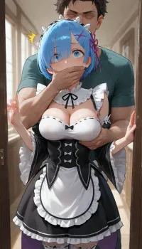 4k, highly detailed, petite girl, petite body, solo, Rem from Re-zero, standing in a narrow hallway, a man stands behind her, the man is grabbing her breasts from behind, and with his other hand, he is covering her mouth, her face shows a look of being surprised and scared.
