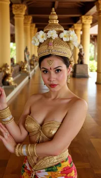 (masterful photography:1.2), (incredible detail:1.1), (photorealistic:1.2), high detail, clear focus, beautiful young Balinese dancer, slim build, Performing traditional Sanghyang Dedari dance, oriental dance poses, traditional golden gelungan crown with white plumeria flowers, golden Tutup dada, gold bangles on both hands, traditional multicolored camben with gold Ampok-ampok, in a golden Hindu temple in Bali, gilded columns and golden statues in the background, bright natural light, warm tones, soft shadows, highlights, background blurring