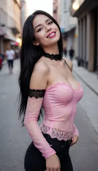 1girl, solo, smile, from side, dawn, on the street, black riped skinny jeans, whirt see thru shirt, breasts silhouette, long black hair, hot pink lipstick, black lace chocker, <lora:breasts silhouette XL:.6>, <lora:ClearHand-V2:1>