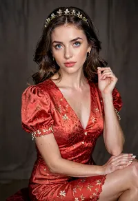 full body woman with dark hair and blue eyes, wearing a red short-sleeved mini dress with a small white floral pattern, button-up front, low neckline. Seductive pose, hands behind her head, seated, looking intently at the camera. Studio portrait, dramatic lighting, chiaroscuro, dark background. Realistic photo, high detail, cinematic lighting, 85mm lens., ultra detailed full-body fashion portrait of a woman in a luxurious red brocade dress with gold floral pattern and huge structured puff sleeves, wearing a red kokoshnik-style crystal headpiece, holding a small red handbag, white shirt cuffs and white platform heels, neutral studio background with soft shadow, hyper realistic skin texture, extremely detailed natural facial features, sharp expressive eyes, intricate individual eyelashes, visible skin pores, light peach fuzz, subtle fine wrinkles and natural imperfections, realistic subsurface scattering, no airbrushing, no beauty filter, 8k, cinematic editorial photography, shallow depth of field, strong focus on face, crisp sharp face, raw, lighting, overexposed, harsh, flash, <lora:Rawfully Stylish v0.2_epoch_20:.8>, <lora:sdxl_lightning_2step_lora:.8>, Stable-Yogis-Makeup-Enhancer-XL
