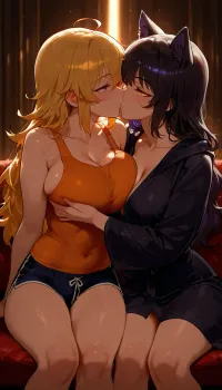 Yang Xiao, (RWBY), and Blake Belladonna, kissing and cuddling with each other on the couch in their pajamas., (Yang Xiao is a tall, busty woman with long, blonde hair, purple eyes, wearing a orange tank top and black short shorts.), (Blake Belladonna, sexy cat girl, glowing yellow eyes, wearing black bath robe.), Dark, dim living room, cozy couch.

2 girls, assigned clothes, kissing, cuddling, hugging, grabbing boobs, soft, warm, 4k detail, clear, crisp.