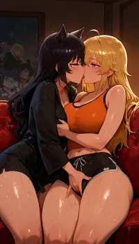 Yang Xiao, (RWBY), and Blake Belladonna, kissing and cuddling with each other on the couch in their pajamas., (Yang Xiao is a tall, busty woman with long, blonde hair, purple eyes, wearing a orange tank top and black short shorts.), (Blake Belladonna, sexy cat girl, glowing yellow eyes, wearing black bath robe.), Dark, dim living room, cozy couch.

2 girls, assigned clothes, kissing, tongue out, fingering, cuddling, hugging, grabbing boobs, grabbing ass, sweaty, soft, warm, 4k detail, clear, crisp.