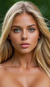 Hot gorgeous girl, blonde long hair, beautiful feminine face, tan lines visible, green eyes, big eyes, breathtaking natural beauty, tight and firm, six pack, muscular, astonishing beautiful 18 years old girl, full lips, wide mouth, perfect cheekbones, perfect chin, delicate thin eyes, topless, medium breasts, shaved pussy