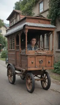 A whimsical, custom-built hot rod, resembling a gypsy wagon, showcases intricate detail and an imaginative blend of automotive and fairytale aesthetics.

The image presents a detailed studio shot of a unique custom car. The composition is centered, highlighting the vehicle’s quirky design. The wagon portion of the car is angled slightly upward, creating a dynamic feel. Elements are meticulously positioned to display the various components, the wagon body, wheels, chassis, and details like the chimney and lantern. The framing and lighting suggest a professional setup, emphasizing the craftsmanship and the blend of styles.

The key subject is a custom-built vehicle. It features a miniature gypsy wagon body, painted in shades of green with a red tiled roof, complemented by blue shutters around a window. The wagon is adorned with a decorative chimney, a small potted plant, a lantern, and a red hanging light. The wagon is mounted on a custom chassis with large, black rear tires and smaller, silver front wheels, giving it a hot rod appearance. The tires are broad with a low profile, and the wheels are finely detailed with chrome accents, adding to the visual appeal.

The artistic medium appears to be a physical model, meticulously crafted with a high level of detail. The technical execution shows precision in the construction of each component. The style blends the whimsical elements of a fairytale gypsy wagon with the bold lines and aggressive stance of a hot rod. The creative choices include the contrast between the organic shape of the wagon and the rigid lines of the chassis and wheels. The use of varied textures, from the rough tiles of the roof to the smooth chrome of the wheels, is noteworthy.

The setting appears to be a professional studio backdrop, with a neutral gray background that draws focus to the car. The lighting is soft and even, highlighting the details and textures of the model. The environment is devoid of distracting elements. The lighting condition eliminates harsh shadows, and the overall atmosphere focuses on showcasing the intricate details and creative blend of aesthetics in the model.