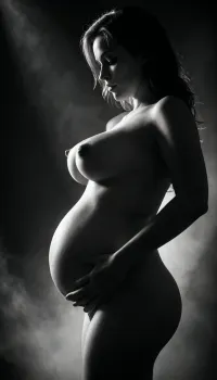 Image of a pregnant woman with big breasts, black and white, macro, silhouette, curvy body, big breasts, sexy . Dark background creating the impression of fog. lov light. distance, Low-key, lighting, Style, dim, light, low, dramatic, Split, Lighting, style, realistic proportion, ultra realistic, partially, covered, in, shadow, <lora:dim light low key style v1.1:.5>, <lora:partially covered in shadow split light style v1:.5>