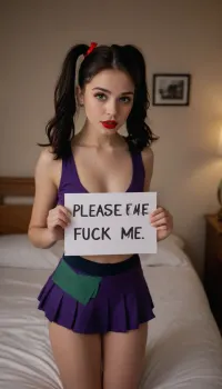 beautiful 18 year old, black hair, pigtails, red lipstick, green eyes, holding a sign that says, ((((please daddy fuck me in my ass)))), in the bedroom, Violet, Latte, freckles, cheerleader, pom, (cheerleading\), pleated, skirt, supermodel, face, big, lips, bellissima, 1girl