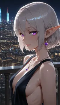 (elf), pale skin, balcony, city skyline, (midnight:1.1), mature face, neon ambient, purple ambient, soft lighting, smile, (sparkling eyes:1.5), (glowing eyes:1.2), (close-up:1.4), (tight dress:.8), (black dress), (slim body:1.4), confident eyes, purple eyes, (short hair:1.5), (white hair:1.2), amethyst necklace, amethyst earrings, (small chest:1), (inner boob), (sideboob), (deep v-neck:1.3), (lipstick:.9), (slim shoulders), looking at viewer, (side view:.6), arms behind back, <lora:Jeweled eyes-NAI:1.5>