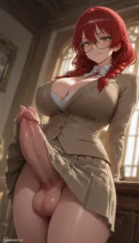 (Futanari:2), red hair in twin braids, circle glasses, yellow eyes, in a suit with a skirt, erect cock under clothing
