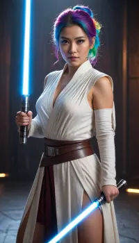 ((female Asian actress, Jedi Knight, in Jedi Garb, elegant royal Jedi robes)), (((lightsaber, holding lightsaber with both hands, inviting stance, reviling only one nipple))), (rainbow hair, bright glowing eyes, gigantic breasts), full body, masterpiece, best quality 4k HDR high resolution realistic photograph, cinematic lighting, high emotional intensity, moody atmosphere, symbolic contrast of light and dark, epic sci-fi fantasy, sharp focus, dramatic, soft lighting, natural light, <lora:Detailed_female_hands-000001:2>