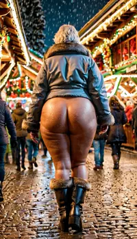 50_year_old, (1_female), Scandinavian, glasses, grey_bob_cut, ((fat voluptuous body, wide hips)), (huge wet ass:1.3), (fur winter jacket), ((fur boots)), walking on crowded Christmas market, during night, snowing, ((full body view)), (view from behind)